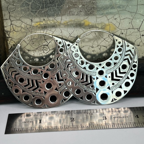Silver Plated Huge Tribal Hoop Earrings - Picture 3 of 4